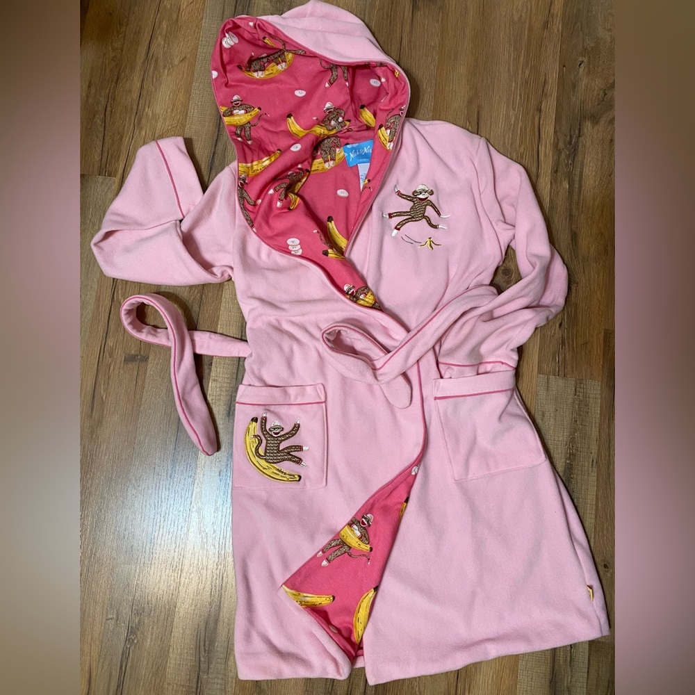 Nick and Nora girls’ Pink Hooded Robe with Sock Monkey Print